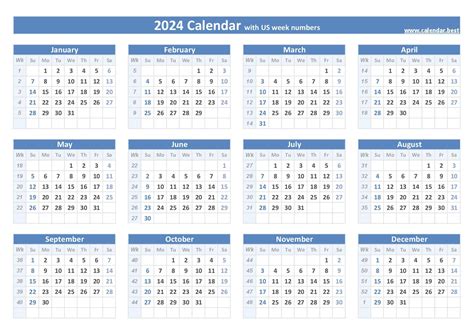 日历|Calendar for Year 2024 (United States)